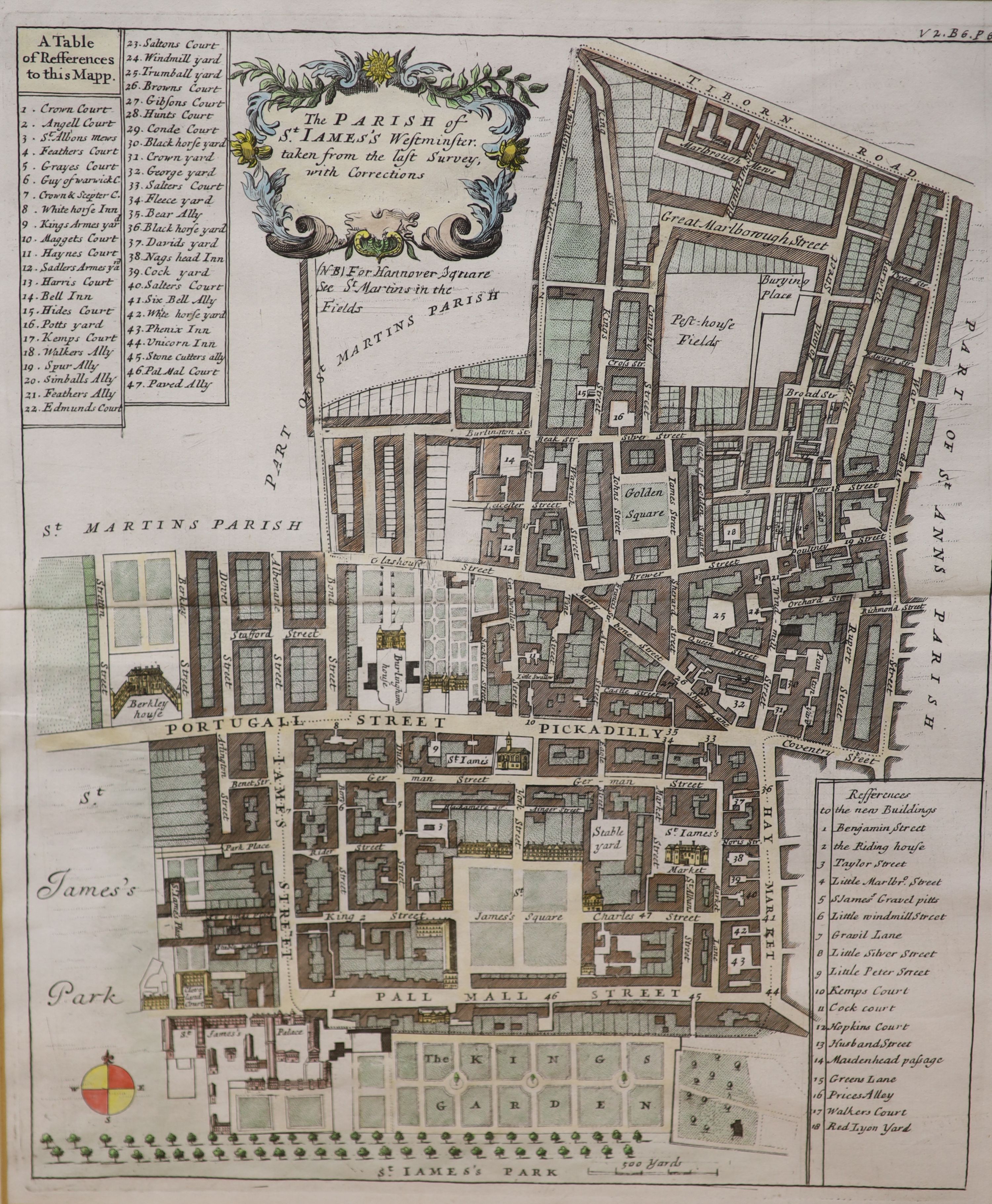 Two 18th century coloured engravings, The Wards of Farington within Baynards Castle and The Parish of St James Westminster, 31 x 37cm and 37 x 31cm